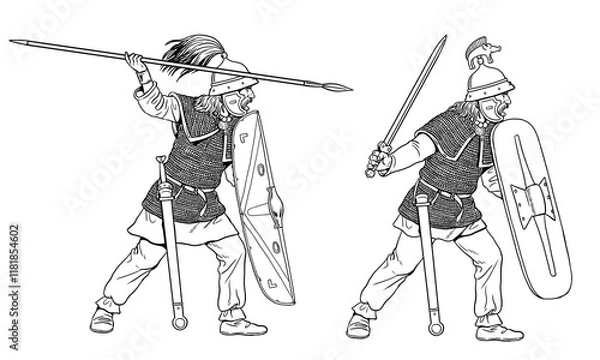 Fototapeta Gallic warriors on the attack. Ancient gallic warrior drawing.