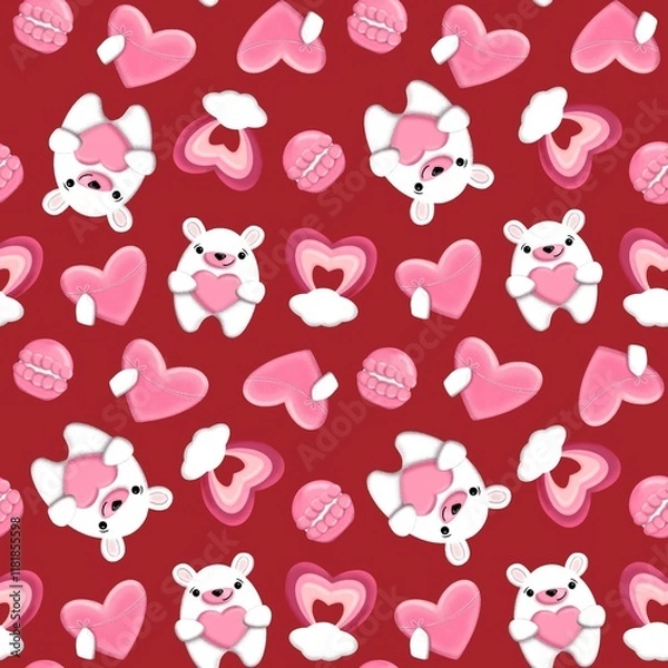 Fototapeta Seamless pattern with a bear, heart, rainbow, cake on a red background