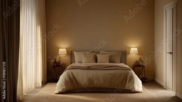 Obraz Stylish bedroom with mocha mousse color of the year hues walls and cozy bedding. Empty space for wall art mockup.