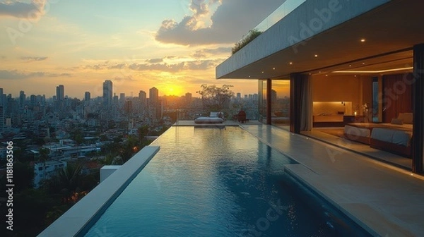 Obraz A luxury penthouse with panoramic city views and a rooftop pool.
