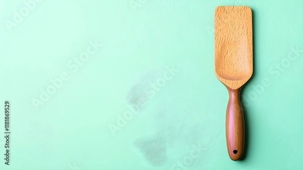 Fototapeta Wooden Spatula on Light Green Background with Textured Surface