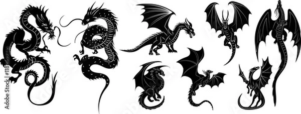 Obraz dragons silhouette set, vector on white background