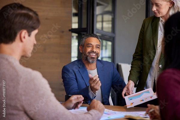 Fototapeta Happy businessman smiling while discussing sales with his team
