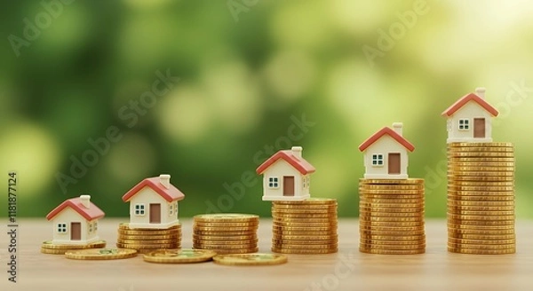 Fototapeta A series of small, model houses with red roofs and white walls, each placed on stacks of gold coins of varying heights.