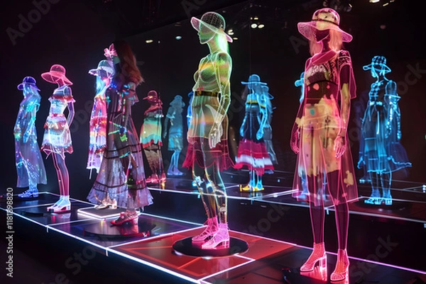 Obraz A display of illuminated mannequins showcasing fashion in a futuristic setting.