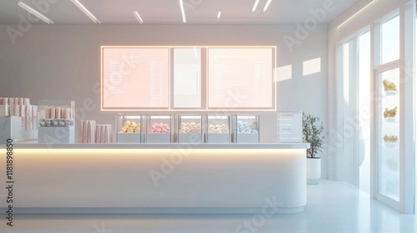 Fototapeta A minimalistic ice cream shop interior featuring a sleek, spotless counter, an illuminated menu board, and a variety of frozen treats in display freezers.
