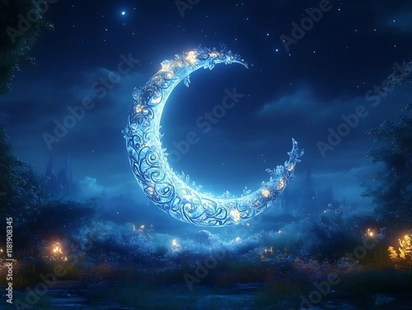 Fototapeta Glowing crescent moon in enchanted forest at night.