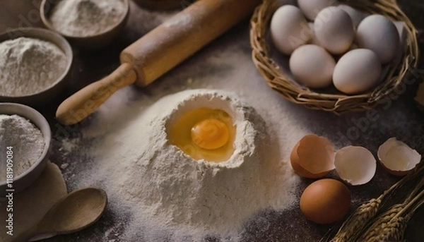 Fototapeta Baking Ingredients Flour, Eggs, and a Rolling Pin 