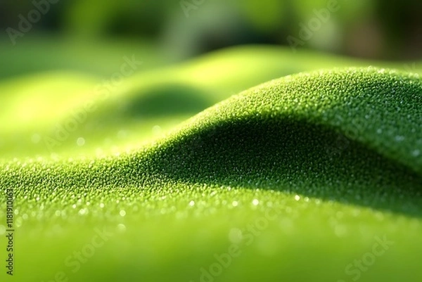 Fototapeta Lush green textured surface with gentle undulations and dew drops.