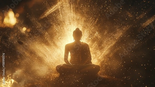 Fototapeta Buddha statue surrounded by vibrant cosmic light and nebulae. Spiritual enlightenment and meditative tranquility depicted in a surreal scene. Generative by AI.