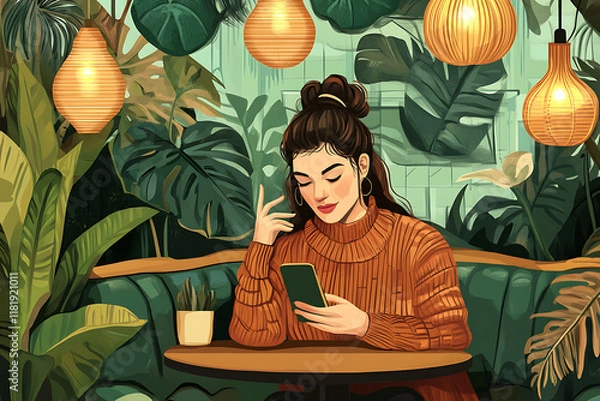 Fototapeta  A simple vector illustration of a woman sitting in a cozy cafe, casually using her phone, depicted with clean lines and a minimalistic style, perfect for lifestyle or technology themes.