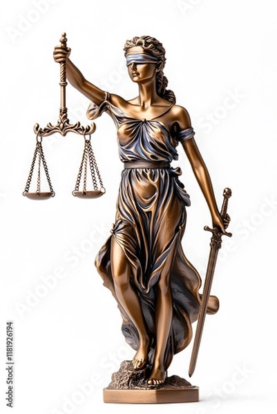 Fototapeta A statue of Lady Justice holding scales and a sword isolated on white
