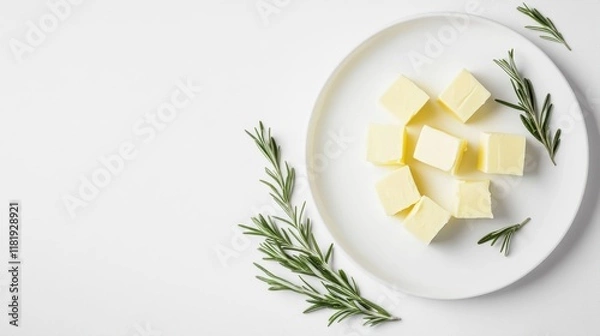 Obraz Fresh Butter Cubes Styled on White Plate with Herbs
