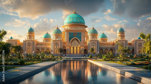 Fototapeta Majestic Palace Reflecting in a Calm Pond with Serene Surroundings and Elegant Design