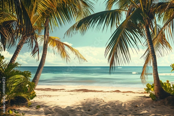 Fototapeta A beautiful tropical beach with palm trees and blue sky. A photo of the ocean, white sand and tall coconut palms.