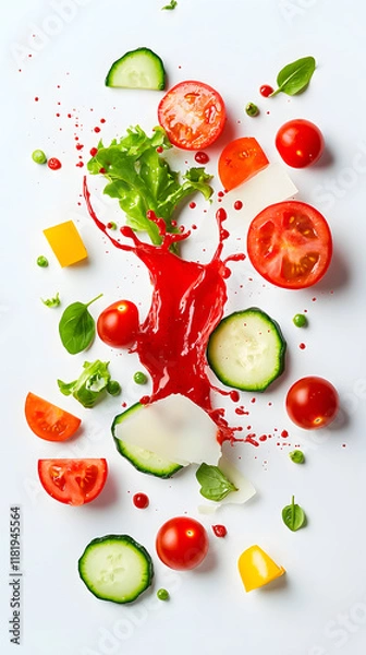 Fototapeta Explosion of sliced vegetables salad splash, isolated on white background