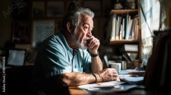 Fototapeta A close-up portrait of a thoughtful man staring out from his desk, illuminated by soft natural light, evokes introspection, creativity, and the passage of time.