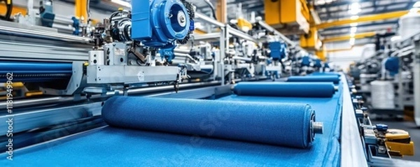 Fototapeta A modern textile manufacturing facility with blue fabric rolls on a conveyor belt, showcasing advanced machinery and an organized industrial environment.