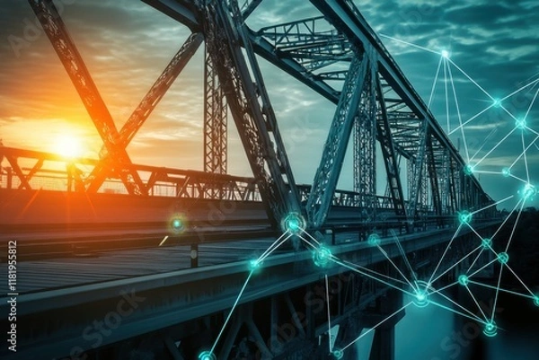 Fototapeta Modern technology intersects with classic bridge structure at sunset