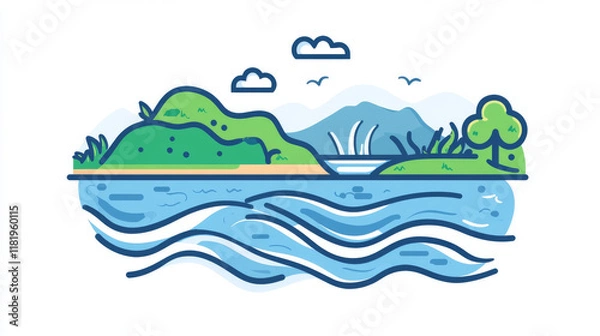 Fototapeta Green energy, clean water power thin line icon. Clean energy source, eco electricity generation industry or alternative energy hydropower, tidal waves station outline vector sign or color icon