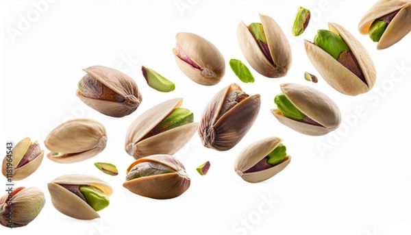 Obraz tasty pistachio nuts falling on white background