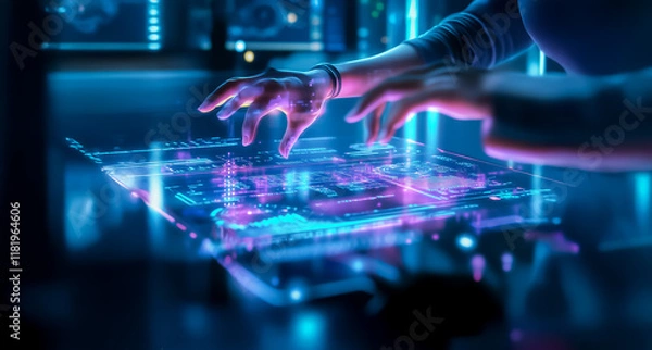 Fototapeta A futuristic workspace featuring a holographic interface with glowing blue and purple elements, showcasing advanced technology in a high-tech environment.