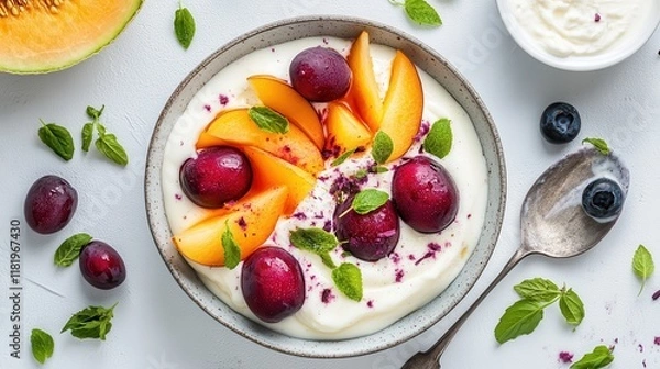 Fototapeta Plum and melon slices artistically arranged next to vanilla yogurt in a fresh breakfast scene