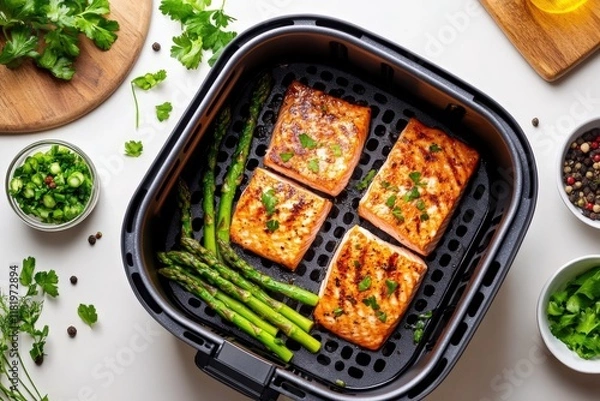 Fototapeta salmon grills and asparagus using airfryer