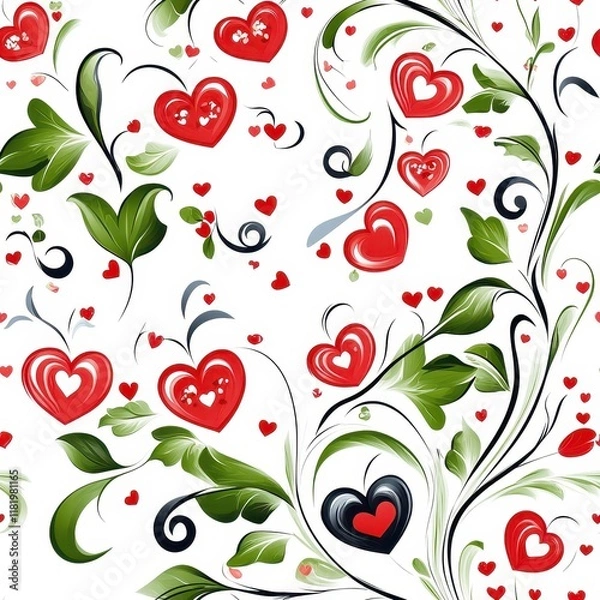 Obraz Vibrant Floral Pattern with Hearts and Leaves on a White Background for Romantic Themes and Designs