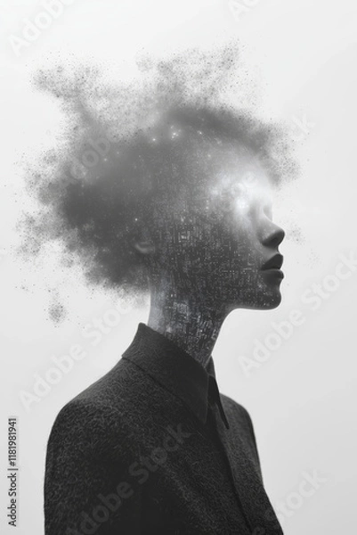 Fototapeta Caucasian Woman Silhouette Dissolving Particles Digital Transformation Future Concept White Background