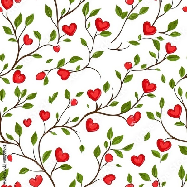 Fototapeta Heart-Shaped Leaves and Vines Pattern on a Clean White Background for Romantic Designs and Crafts