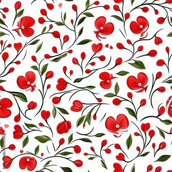 Obraz Elegant floral pattern with vibrant red flowers on a soft white background for decorative design purposes