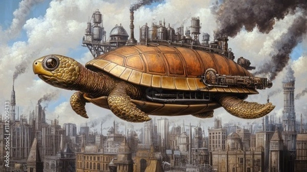 Fototapeta A fantastical flying turtle with a steampunk city on its back, soaring over an industrial landscape.