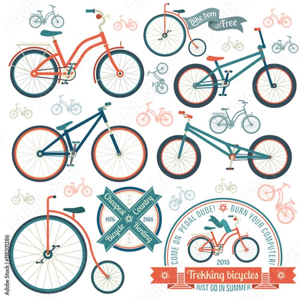 Fototapeta Bicycles of various types - trekking, vintage, street, MTB, bmx. Vintage logo with a bicycle.