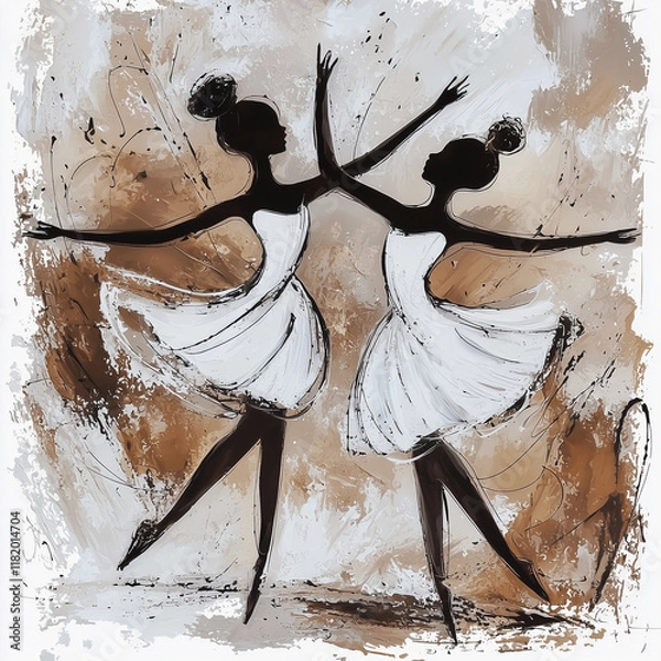 Fototapeta The beauty of dance. Elegant abstract depiction of dancers showing grace and movement in soft earth tones