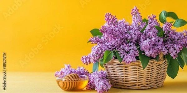Fototapeta Basket filled with lilacs alongside a bowl of honey on a vibrant yellow background, creating a delightful scene that highlights the beauty of lilacs and the warmth of honey.