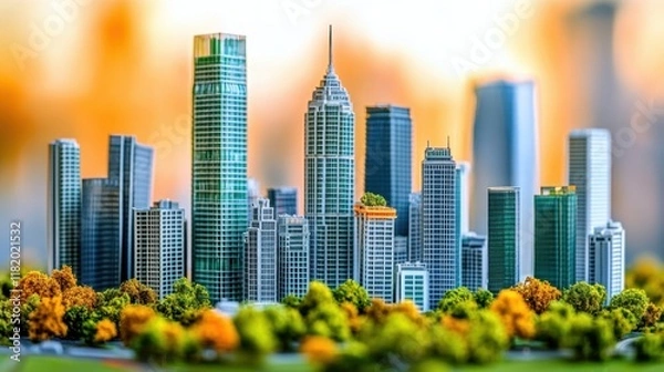 Fototapeta Modern Urban Skyline with Lush Greenery and Bright Background