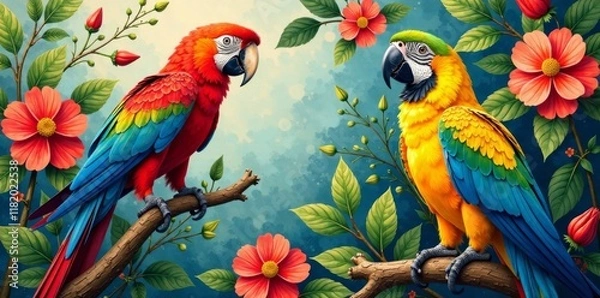Obraz Vibrant parrot motifs set against a vibrant floral background in the traditional toile de jouy style, Botanical Illustrations, Toile De Jouy, Exotic Florals