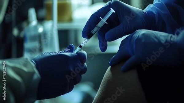 Fototapeta A close-up of a syringe being prepared for an injection on a patient's knee.