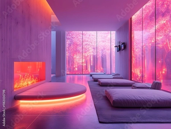 Fototapeta A futuristic living room with a glowing floating fireplace, a VR headset projecting games on a holographic wall—perfect for marketing smart home tech or VR devices, highlighting innovation.