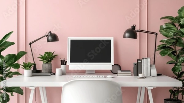 Fototapeta Modern Workspace with Computer and Green Plants on Pink Wall