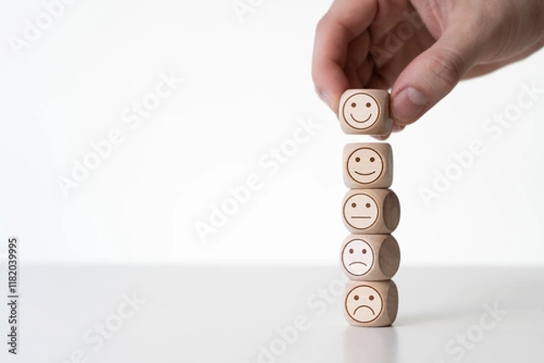 Fototapeta Man hand putting stack of wooden dice cubes with smile icon emoji on white table background. Customer satisfaction survey, user experience feedback, and rating concept.