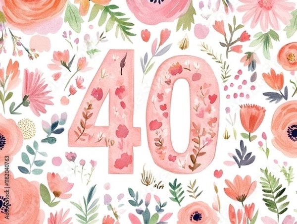 Fototapeta A floral-themed birthday card design featuring the number 40 surrounded by watercolor patterns