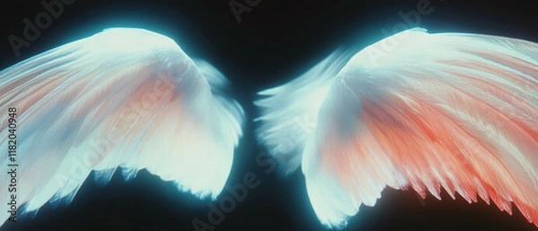 Fototapeta Magical wings spread with glowing feathers against a dark background in a mystical display