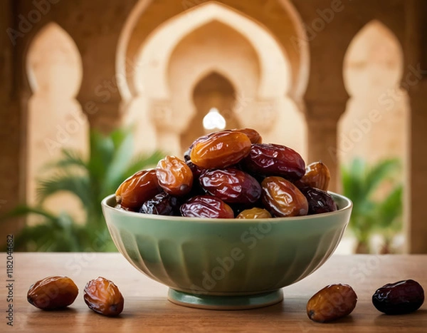 Obraz dates fruit in a green bowl with Ramadan background