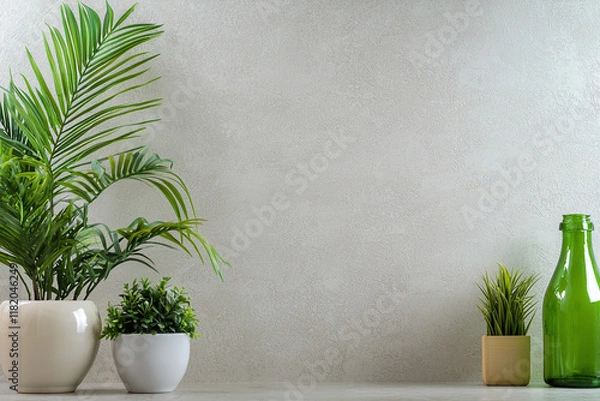 Obraz soft sand colored wall featuring tropical plants in decorative pots creates serene atmosphere. green foliage adds refreshing touch to minimalist decor