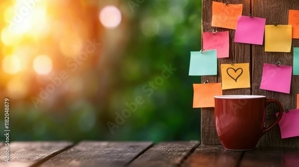 Fototapeta Colorful Sticky Notes on a Wooden Board with a Coffee Mug