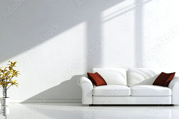 Fototapeta stylish loft lounge featuring smooth plaster walls, white sofa with red cushions, and decorative plant. sunlight casts beautiful shadows, creating serene atmosphere
