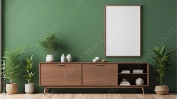 Fototapeta Earthy Brown cabinet on Kelly Green color background, with blank frame mockup