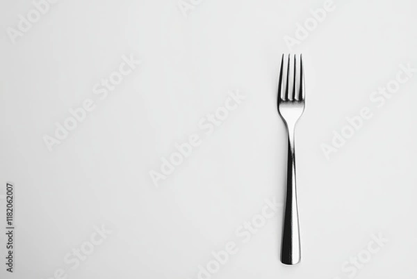 Fototapeta This sleek metal fork rests on a pristine white background, highlighting its minimalist form and function beautifully.